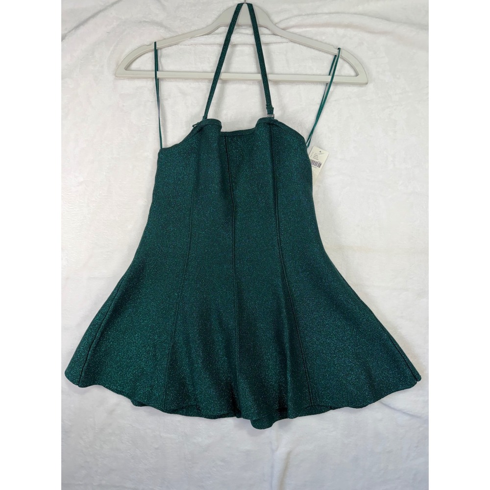 Anthropologie top XS Green Metallic Halter Mini Flare Party Women